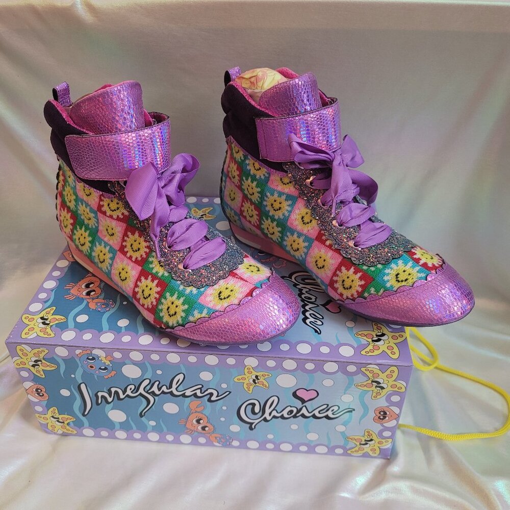 Irregular Choice Pink Purple Multicolor Floral Knit High-Top Sneakers